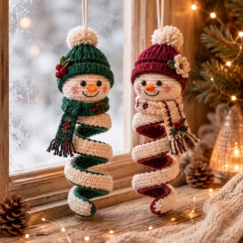 Crochet Snowman Hanger, Spiral Christmas Ornament, Handmade Winter Door Decor, Snowman Window Hanging, Holiday Gift