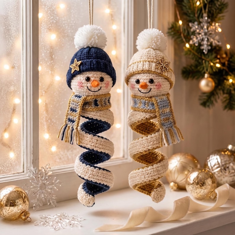 Crochet Snowman Hanger, Spiral Christmas Ornament, Handmade Winter Door Decor, Snowman Window Hanging, Holiday Gift