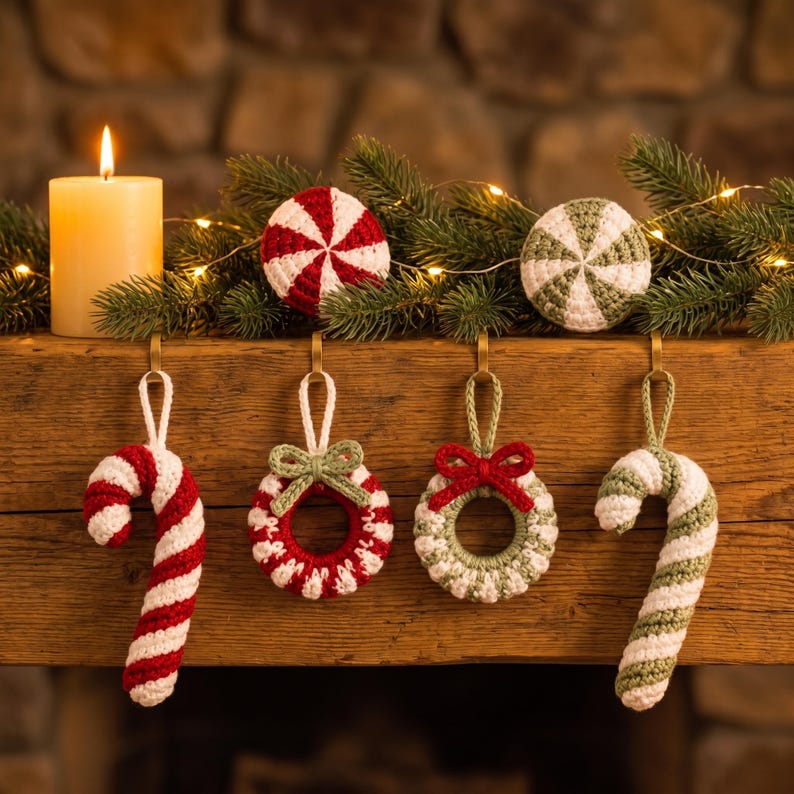 Crochet Christmas Ornament Set, Candy Cane and Peppermint Amigurumi, Mini Wreath Tree Decor, Handmade Holiday Ornament Set, Set of 6