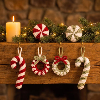 Crochet Christmas Ornament Set, Candy Cane and Peppermint Amigurumi, Mini Wreath Tree Decor, Handmade Holiday Ornament Set, Set of 6