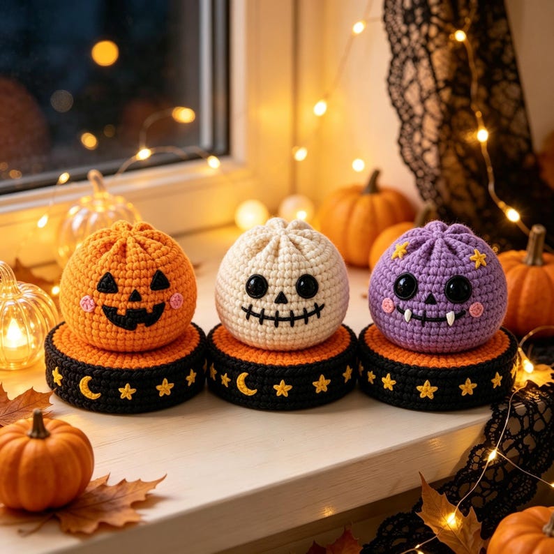 Handmade Crochet Halloween Spooky Balls Set, Reversible Ghost Pumpkin Bat Plush, Cute Gothic Desk Decor & Halloween Gift