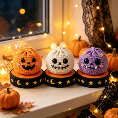 Handmade Crochet Halloween Spooky Balls Set, Reversible Ghost Pumpkin Bat Plush, Cute Gothic Desk Decor & Halloween Gift
