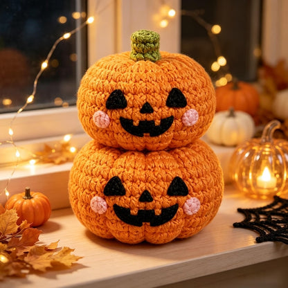 Handmade Crochet Double Stacked Pumpkin Plush, Cute Halloween Desk Decor, Fall Gift for Friends, Family & Coworkers
