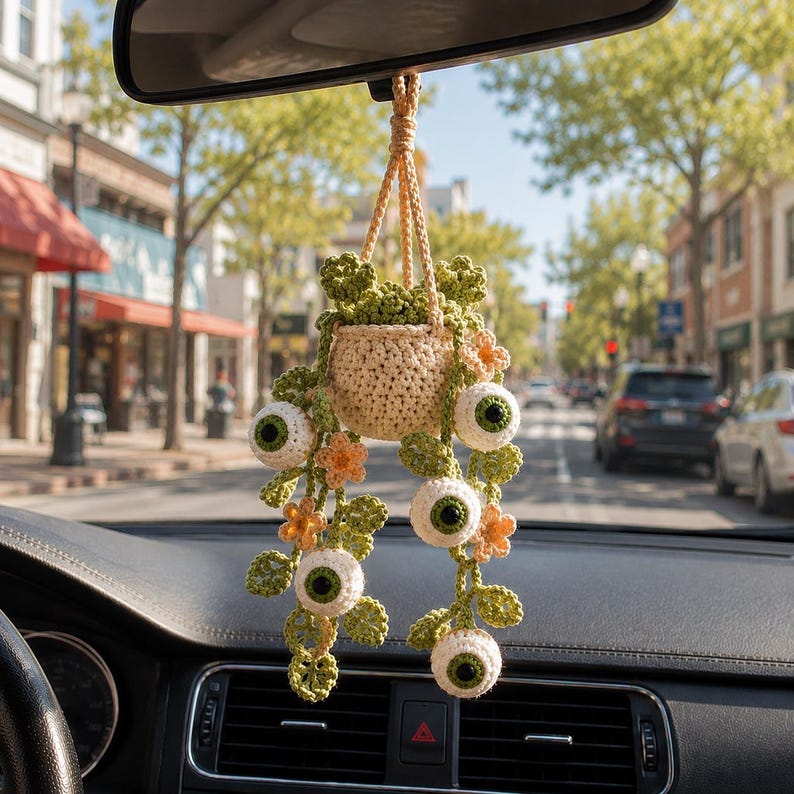 Crochet Halloween Eyeball Plant Car Hanging, Spooky Cute Rearview Mirror Charm, Halloween Car Decor, Handmade Halloween Car Accessory Gift