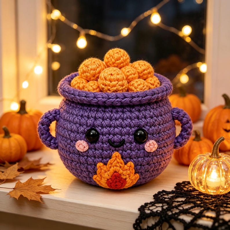 Handmade Crochet Witch Cauldron Plush, Cute Halloween Pot with Bubbles, Spooky Desk Decor, Fall Gift for Friends, Family and Coworkers