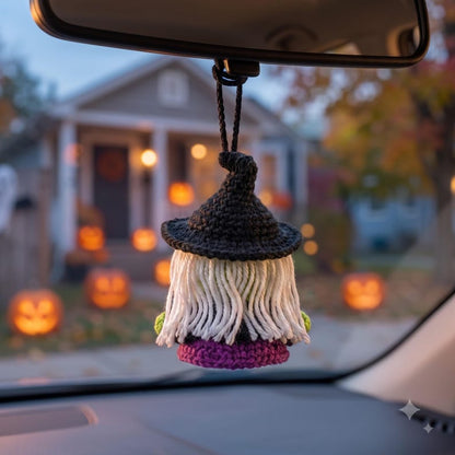 Crochet Witch Car Charm | Halloween Amigurumi Rear View Mirror Ornament