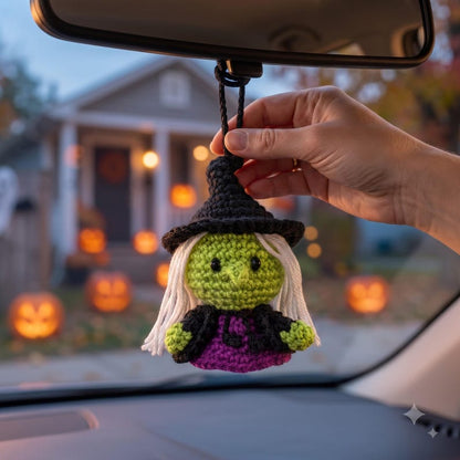 Crochet Witch Car Charm | Halloween Amigurumi Rear View Mirror Ornament