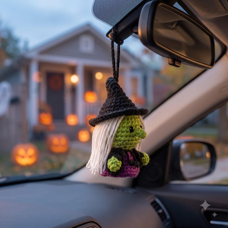 Crochet Witch Car Charm | Halloween Amigurumi Rear View Mirror Ornament