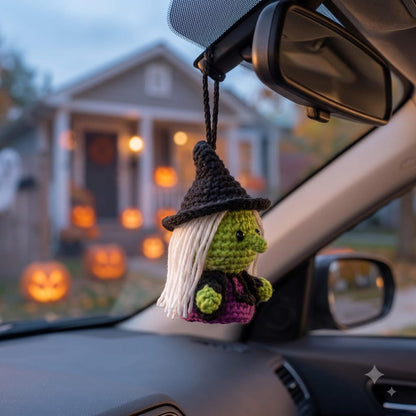 Crochet Witch Car Charm | Halloween Amigurumi Rear View Mirror Ornament