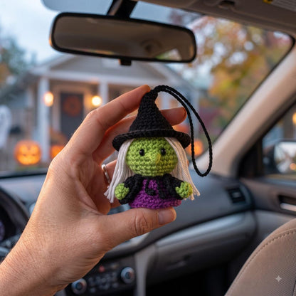 Crochet Witch Car Charm | Halloween Amigurumi Rear View Mirror Ornament