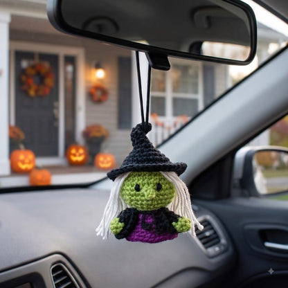 Crochet Witch Car Charm | Halloween Amigurumi Rear View Mirror Ornament