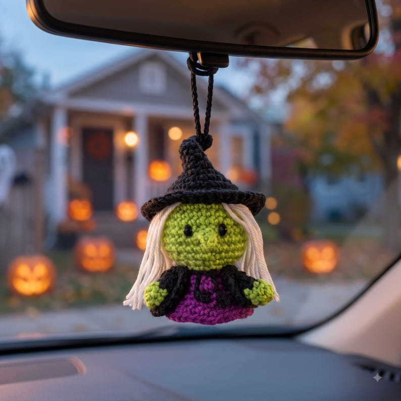 Crochet Witch Car Charm | Halloween Amigurumi Rear View Mirror Ornament