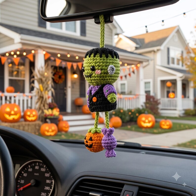 Crochet Frankenstein Car Charm | Kawaii Halloween Rear View Mirror Ornament