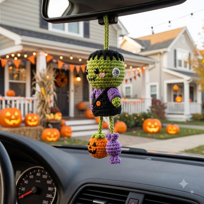 Crochet Frankenstein Car Charm | Kawaii Halloween Rear View Mirror Ornament