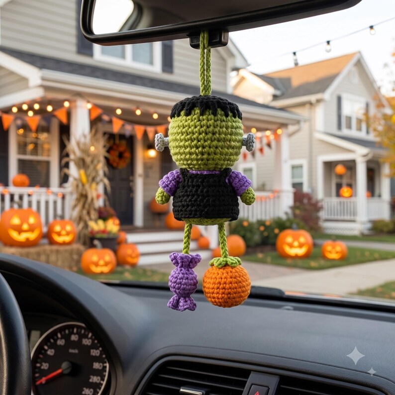 Crochet Frankenstein Car Charm | Kawaii Halloween Rear View Mirror Ornament