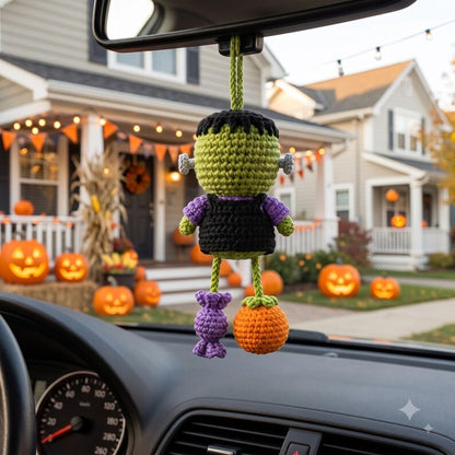 Crochet Frankenstein Car Charm | Kawaii Halloween Rear View Mirror Ornament