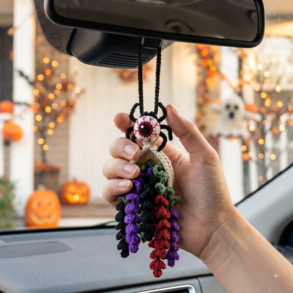 Crochet Eyeball Spider Car Mirror Charm | Halloween Rearview Mirror Accessory | Spooky Amigurumi Tassel