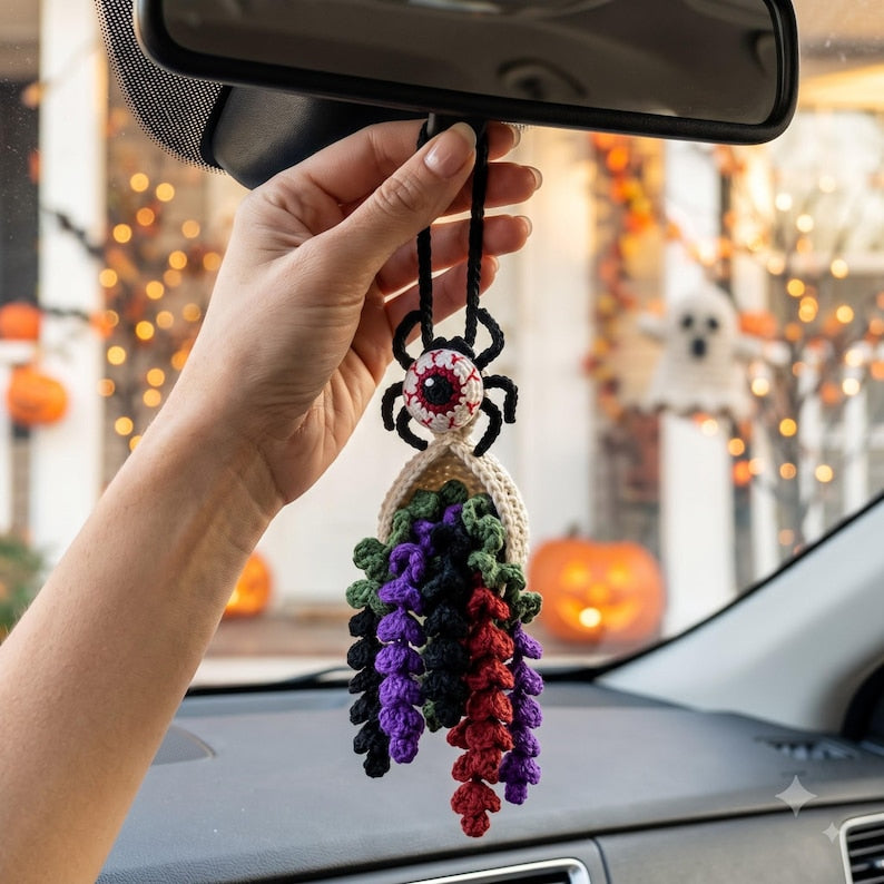 Crochet Eyeball Spider Car Mirror Charm | Halloween Rearview Mirror Accessory | Spooky Amigurumi Tassel