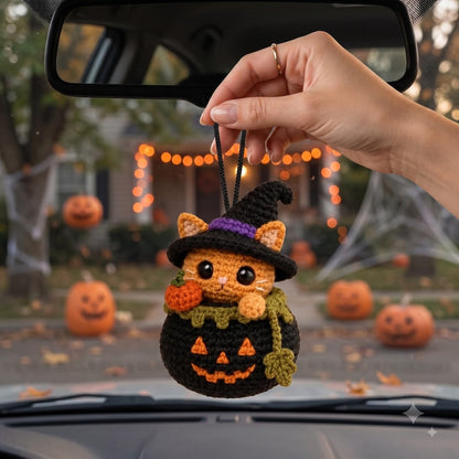 Crochet Halloween Car Charm | Kawaii Orange Cat Witch Pumpkin Rear View Mirror Hanging