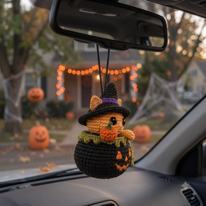 Crochet Halloween Car Charm | Kawaii Orange Cat Witch Pumpkin Rear View Mirror Hanging