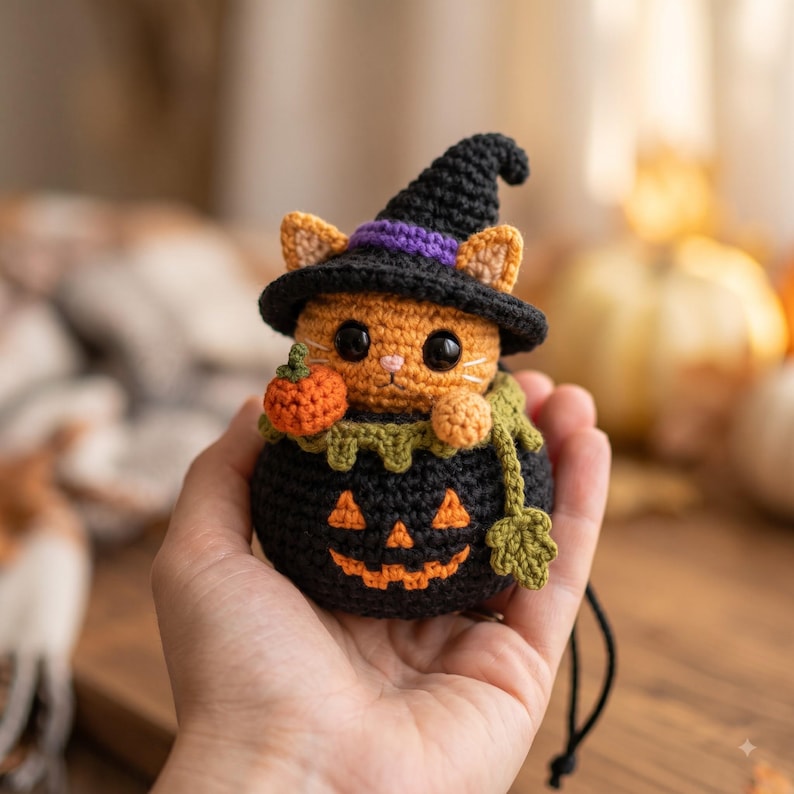 Crochet Halloween Car Charm | Kawaii Orange Cat Witch Pumpkin Rear View Mirror Hanging