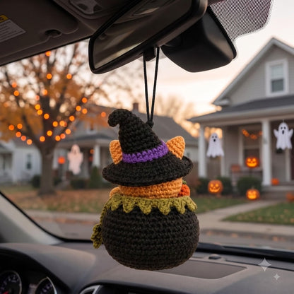 Crochet Halloween Car Charm | Kawaii Orange Cat Witch Pumpkin Rear View Mirror Hanging