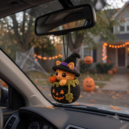 Crochet Halloween Car Charm | Kawaii Orange Cat Witch Pumpkin Rear View Mirror Hanging