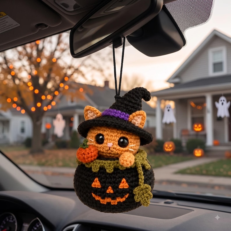 Crochet Halloween Car Charm | Kawaii Orange Cat Witch Pumpkin Rear View Mirror Hanging