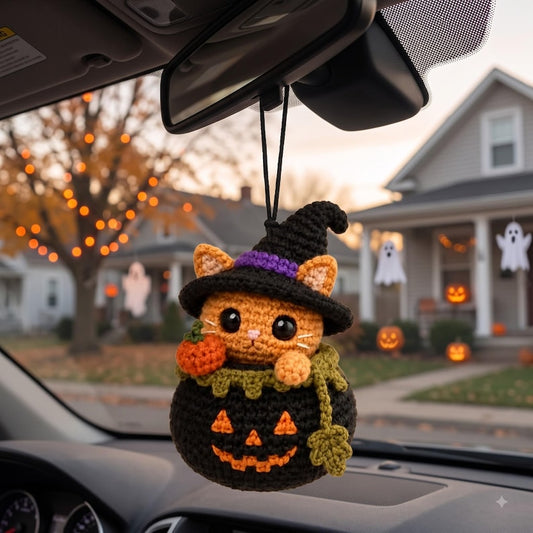 Crochet Halloween Car Charm | Kawaii Orange Cat Witch Pumpkin Rear View Mirror Hanging