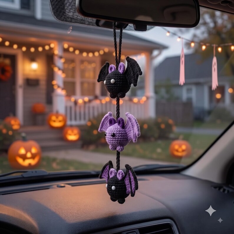 Crochet Bat Car Charm | Halloween Rear View Mirror Accessory | Spooky Cute Amigurumi Bat Trio