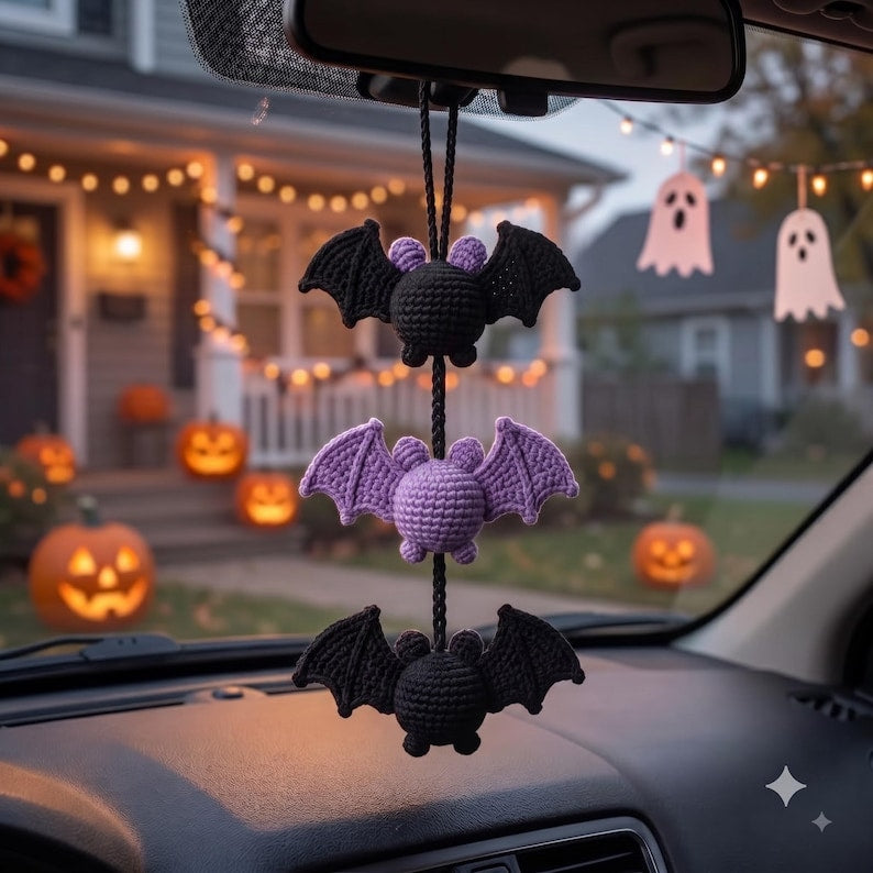 Crochet Bat Car Charm | Halloween Rear View Mirror Accessory | Spooky Cute Amigurumi Bat Trio