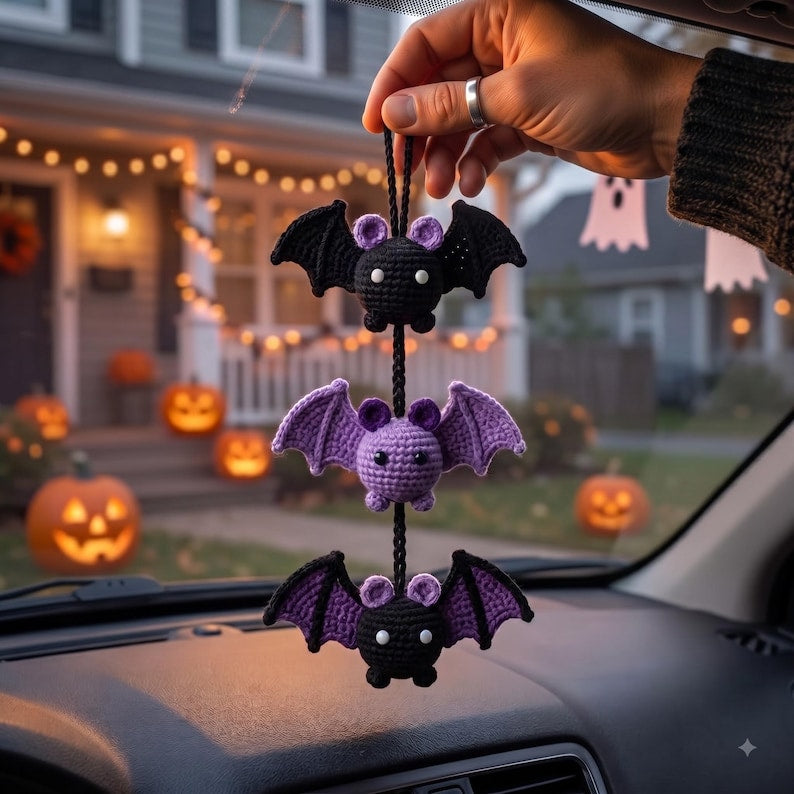 Crochet Bat Car Charm | Halloween Rear View Mirror Accessory | Spooky Cute Amigurumi Bat Trio
