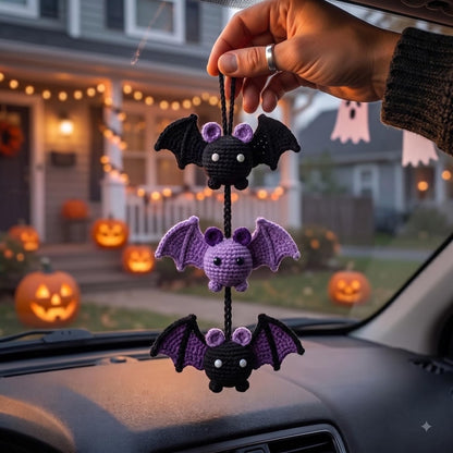 Crochet Bat Car Charm | Halloween Rear View Mirror Accessory | Spooky Cute Amigurumi Bat Trio