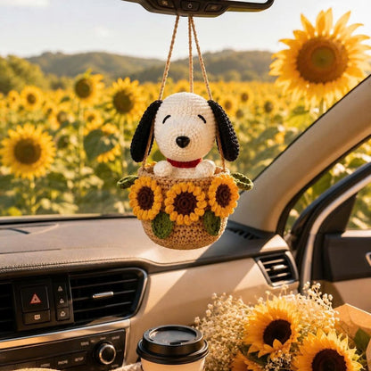 Handmade Crochet Dog Car Hanging, Cute Puppy Rearview Mirror Charm, Sunflower Basket Ornament, Amigurumi Car Accessory, Gift for Dog Lovers
