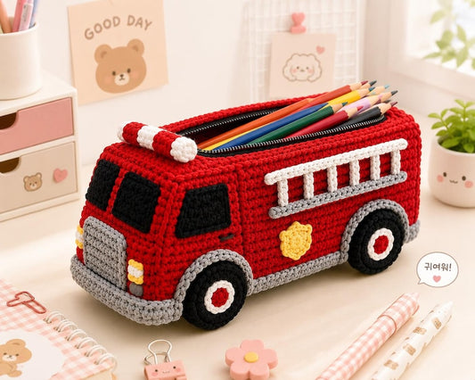 Crochet Fire Truck Pencil Case, Handmade Fire Engine Pencil Pouch, Back to School Gift for Boys, Kids School Supplies, Firefighter Gift