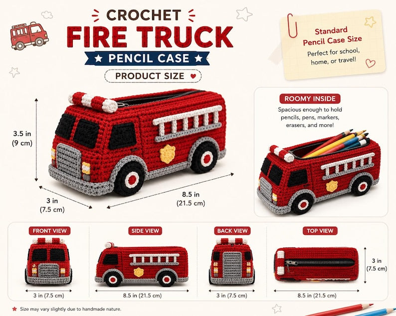 Crochet Fire Truck Pencil Case, Handmade Fire Engine Pencil Pouch, Back to School Gift for Boys, Kids School Supplies, Firefighter Gift