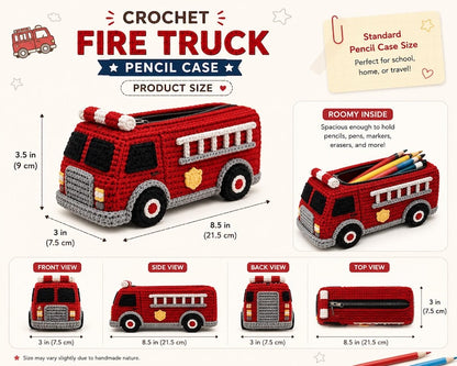 Crochet Fire Truck Pencil Case, Handmade Fire Engine Pencil Pouch, Back to School Gift for Boys, Kids School Supplies, Firefighter Gift