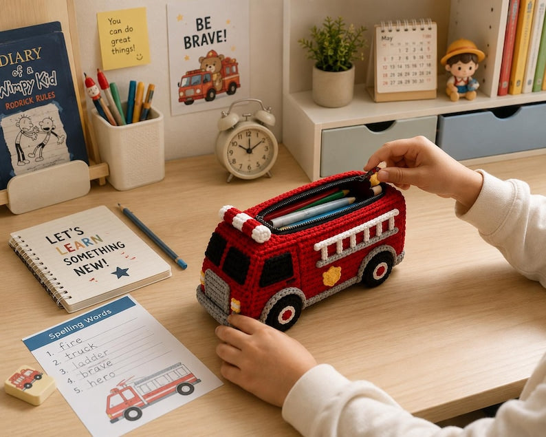 Crochet Fire Truck Pencil Case, Handmade Fire Engine Pencil Pouch, Back to School Gift for Boys, Kids School Supplies, Firefighter Gift