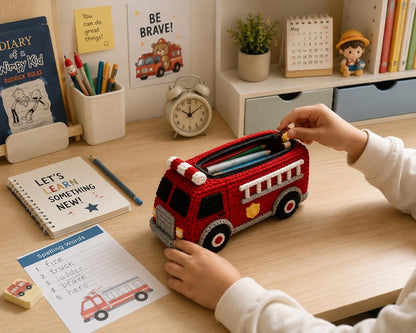 Crochet Fire Truck Pencil Case, Handmade Fire Engine Pencil Pouch, Back to School Gift for Boys, Kids School Supplies, Firefighter Gift