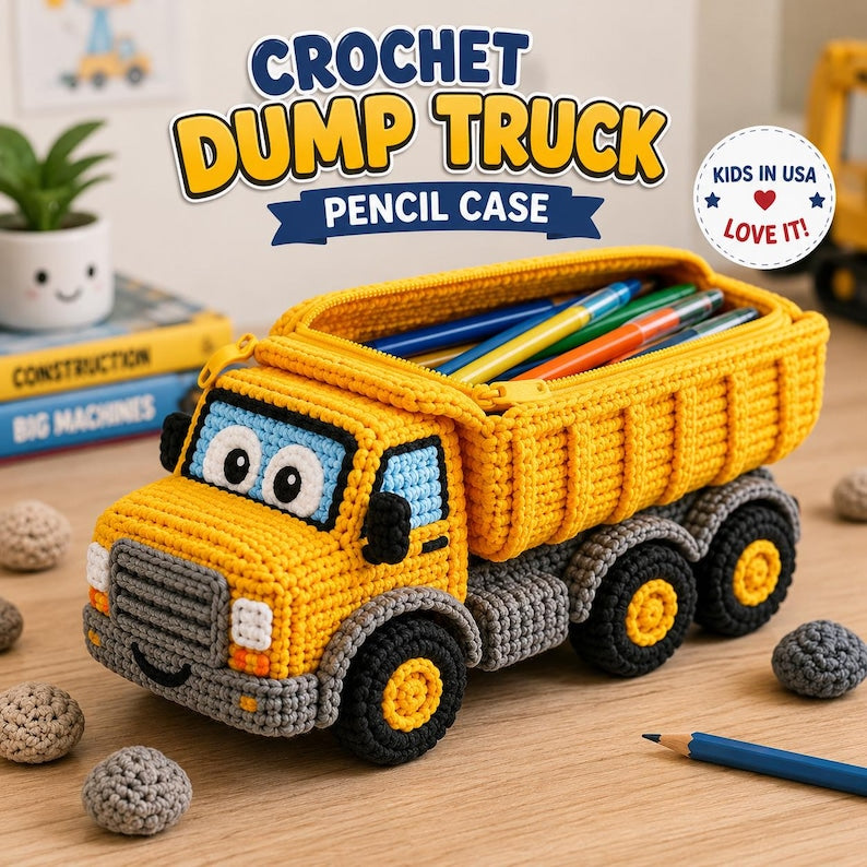 Crochet Dump Truck Pencil Case, Construction Truck Pencil Pouch, Kids Back to School Gift, Handmade Zipper Pen Organizer for Boys