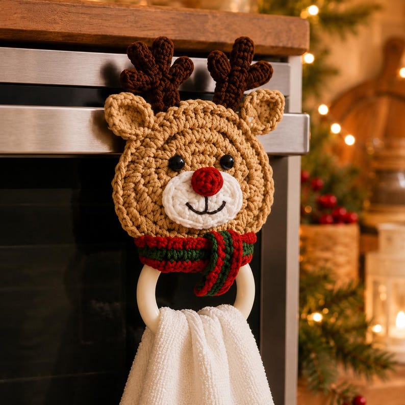 Christmas Crochet Towel Holder, Santa Reindeer Tree Kitchen Towel Ring, Holiday Hand Towel Hanger, Handmade Christmas Decor