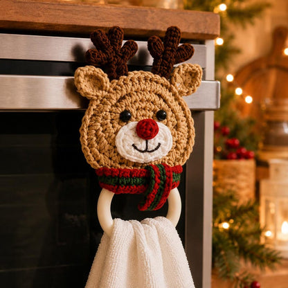 Christmas Crochet Towel Holder, Santa Reindeer Tree Kitchen Towel Ring, Holiday Hand Towel Hanger, Handmade Christmas Decor