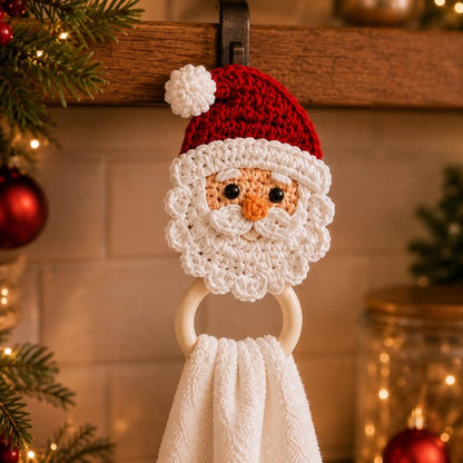 Christmas Crochet Towel Holder, Santa Reindeer Tree Kitchen Towel Ring, Holiday Hand Towel Hanger, Handmade Christmas Decor