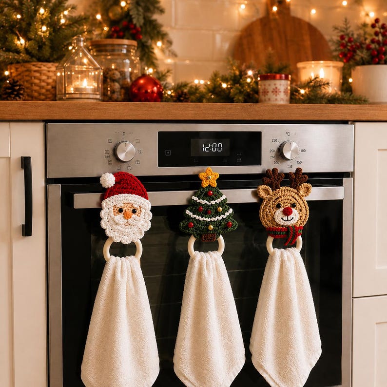 Christmas Crochet Towel Holder, Santa Reindeer Tree Kitchen Towel Ring, Holiday Hand Towel Hanger, Handmade Christmas Decor
