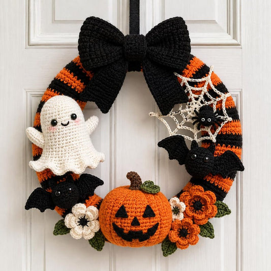 Crochet Halloween Wreath, Handmade Ghost Pumpkin Bat Door Decor, Halloween Welcome Door Sign, Halloween Door Hanger