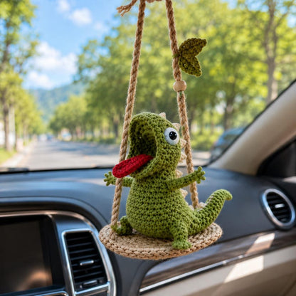 Cute Crocheted Lizard Car Charm, Handmade Amigurumi Lizard on Swing, Rearview Mirror Ornament, Funny Car Decor, Reptile Lover Gift