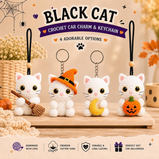 Halloween White Cat Crochet Keychain, Car Charm, Handmade Amigurumi White Cat, Cute Witch Cat Gift, Pumpkin Moon Broom Charm, Halloween Gift