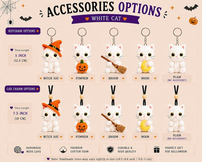 Halloween White Cat Crochet Keychain, Car Charm, Handmade Amigurumi White Cat, Cute Witch Cat Gift, Pumpkin Moon Broom Charm, Halloween Gift