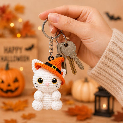 Halloween White Cat Crochet Keychain, Car Charm, Handmade Amigurumi White Cat, Cute Witch Cat Gift, Pumpkin Moon Broom Charm, Halloween Gift