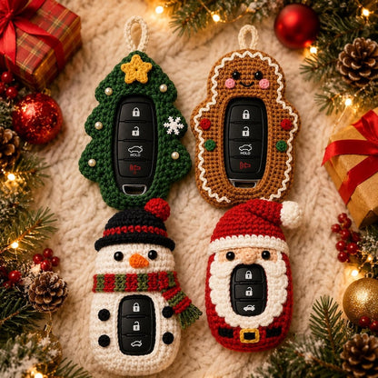 Christmas Car Key Cover, Crochet Key Fob Case, Santa Reindeer Snowman Ornament, Cute Holiday Car Accessory, Christmas Gift for Driver